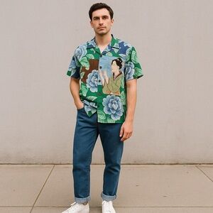 Vintage rayon patchwork ukiyo-e tropical camp shirt Michael Milea Peter Sinclair